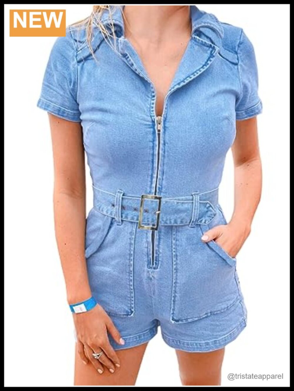 Women's Denim Romper Zip Up Belted Short Jumpsuit with Pockets
